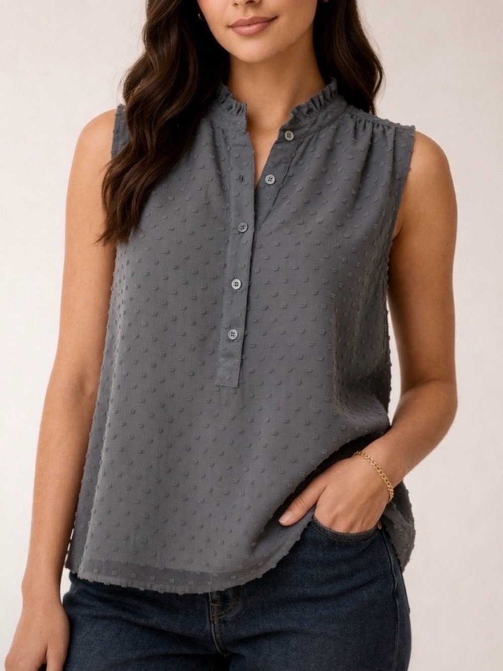 J. Crew Gray Ruffle Sleeveless Top Swiss polka dot blouse lining Ruffle grey